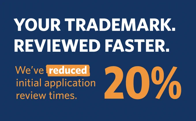 The image contains a blue background with large white and orange text stating: "YOUR TRADEMARK. REVIEWED FASTER. We've reduced initial application review times. 20%."