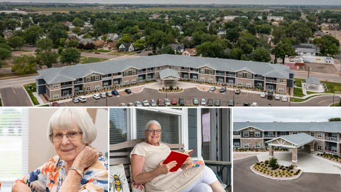  A collage of photos of the exterior of Deer Run apartments as well as photos of residents.
