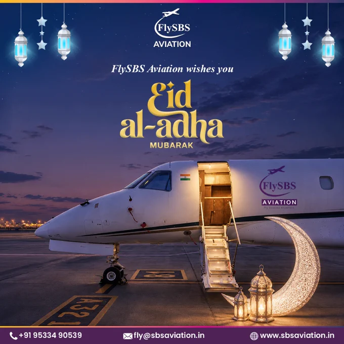Eid Al Adha Mubarak aviation-themed creative by FlySBS Aviation featuring a luxury private jet at sunset airport runway with illuminated aircraft stairs, glowing crescent moon sculpture, decorative lanterns, Islamic festive elements, and premium corporate aviation branding symbolizing luxury air travel and private jet services.