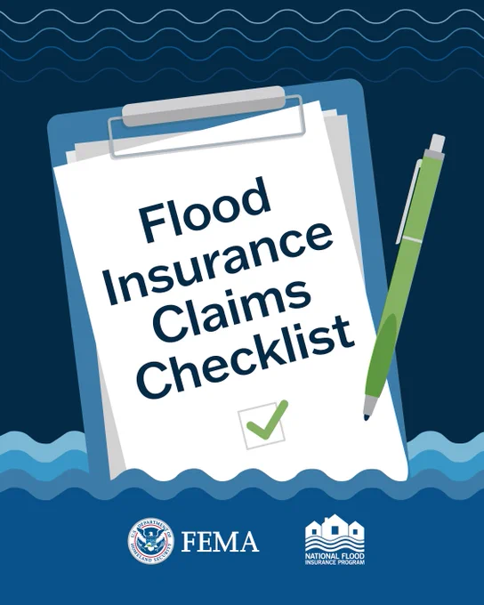 Clipboard with a checklist titled 'Flood Insurance Claims Checklist' and a green pen, set against a water-themed background with FEMA and National Flood Insurance Program logos.