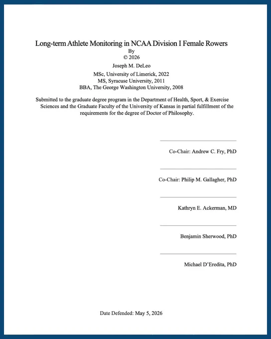 Title page of a thesis on long-term athlete monitoring in NCAA Division I female rowers. Includes author and committee details.