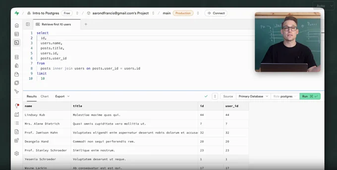 Captura de pantalla de una consola SQL mostrando un inner join entre posts y users, mientras en una ventanita flotante aparece un instructor con cara de estar explicando por quinta vez que las claves foráneas no muerden.