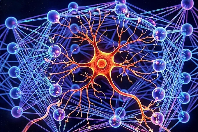 A digital illustration of a neural network, featuring an interconnected web of glowing neurons and synapses. The central neuron is prominent, with vibrant orange branches extending outward. Surrounding the neuron are translucent spheres connected by blue lines, representing a network.