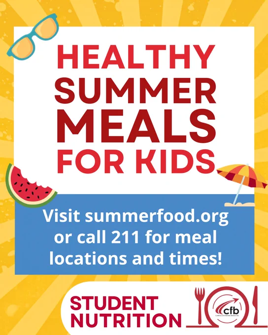 Poster promoting healthy summer meals for kids, with text, images of sunglasses, watermelon, and beach umbrella.
