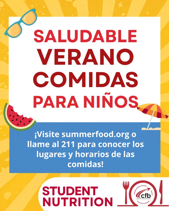Bright yellow background with text advertising "Saludable Verano Comidas para Niños" (Healthy Summer Meals for Children), watermelon slice, sunglasses, and info on website and hotline.