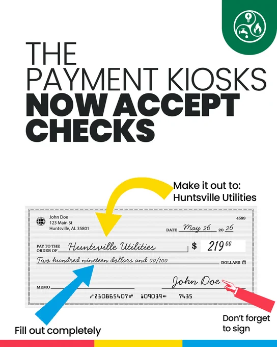 Graphic showing that the Huntsville Utilities payment kiosks now accept checks. 