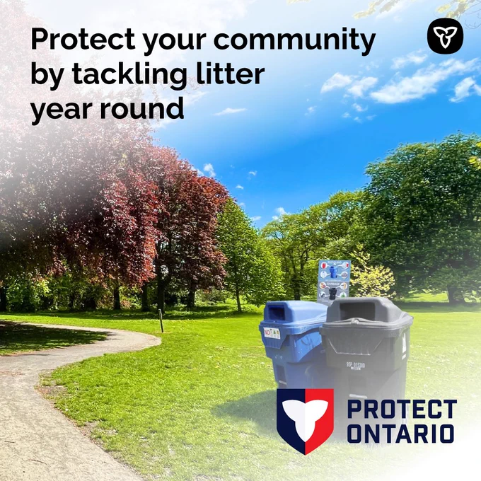 Image of a litter free park with a garbage and recycling can in the foreground. Asset text reads "Protect your community by tackling litter year round"
