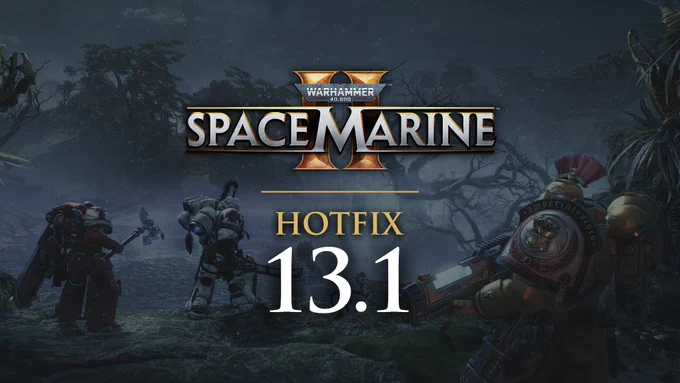 Three armored Space Marines stand ready in a dark, eerie forest under a starry sky, highlighting Warhammer 40,000 Space Marine II Hotfix 13.1 update.