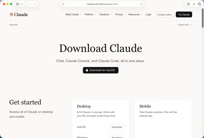 Screenshot of a fake Claude download page. It includes options to download the fake Claude for macOS and access it on mobile. 
