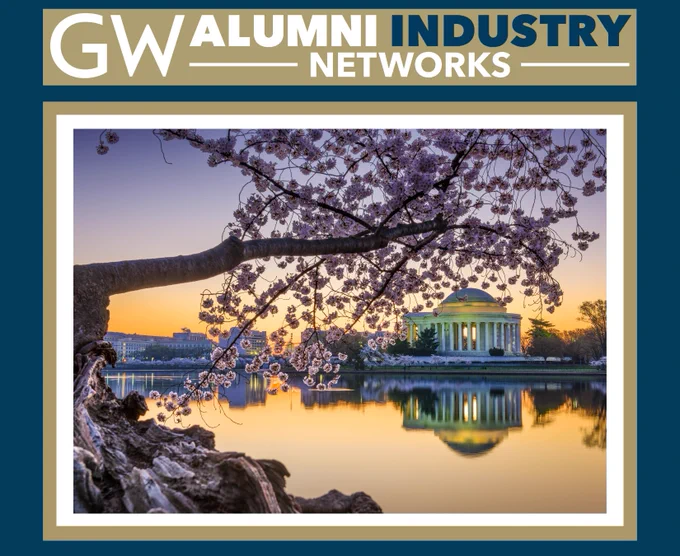 Cherry blossoms hang over the water as the sun sets, reflecting on the surface. The Jefferson Memorial is visible in the background. The image has a border with the text "GW Alumni Industry Networks" at the top.
