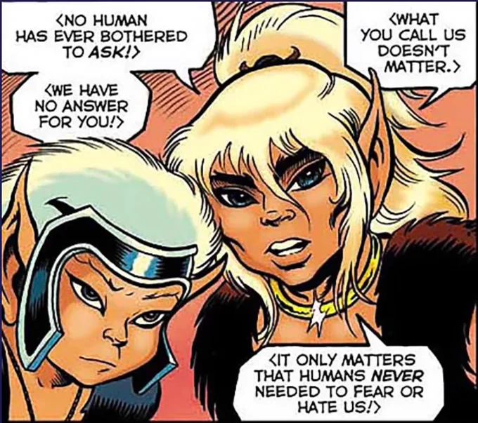 A panel from ElfQuest by Wendy Pini & Richard Pini featuring characters Skywise and Cutter telling a human character that humans never needed to fear or hate the elves. 