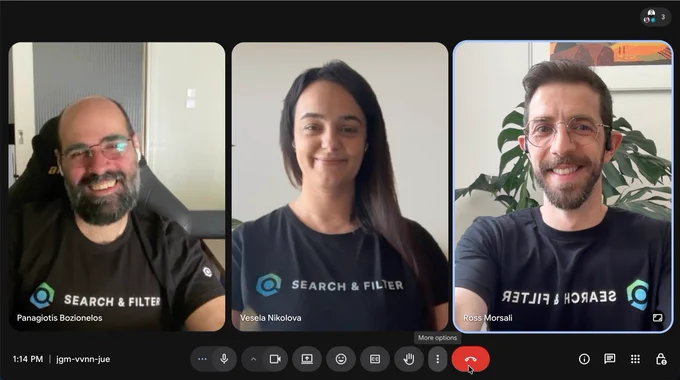 Screenshot of a Search & Filter team call on google meet - all wearing our S&F t-shirts