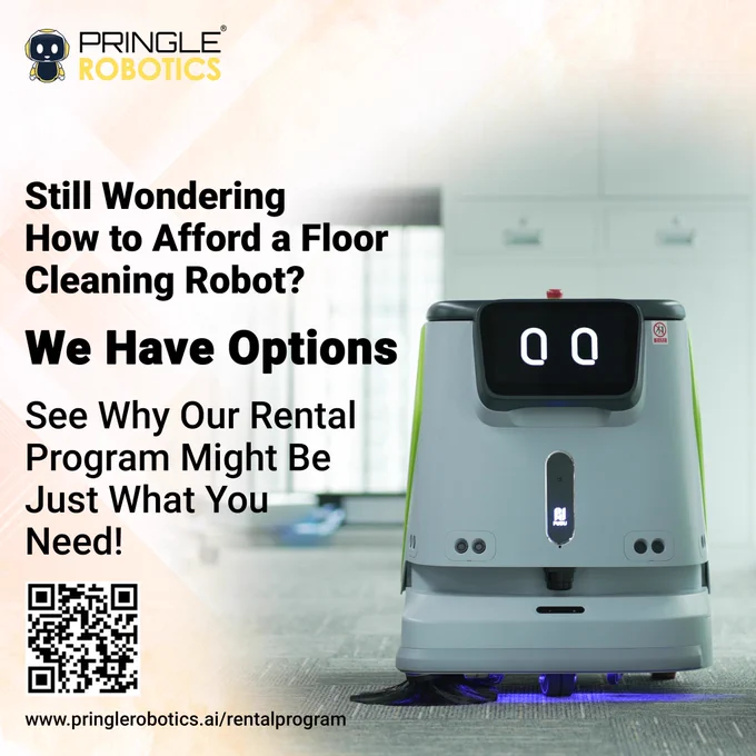 A promotional image for Pringle Robotics, highlighting rental options for their floor cleaning robots. The image conveys accessibility and modern convenience.