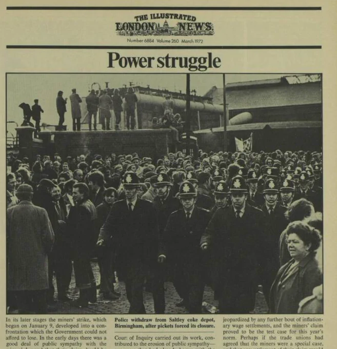 This is a sepia toned newspaper page featuring a headline, "Power struggle," from "The Illustrated London News," March 1972 issue. The image shows a group of strikers and police officers gathered at Saltley coke dept. Several uniformed officers are visible in the foreground, facing the crowd. The text discusses a miners' strike and related issues.