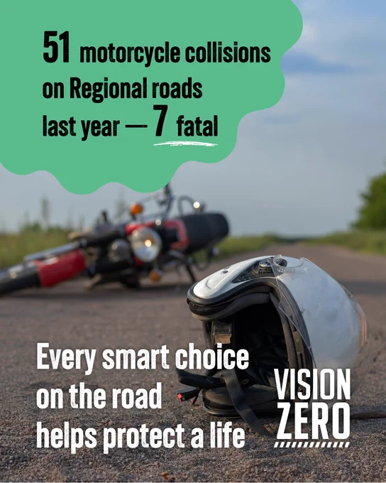 A motorcycle and helmet lie on a deserted road with text overlay: "51 motorcycle collisions on Regional roads last year — 7 fatal." The image includes the Vision Zero logo and a message: "Every smart choice on the road helps protect a life."