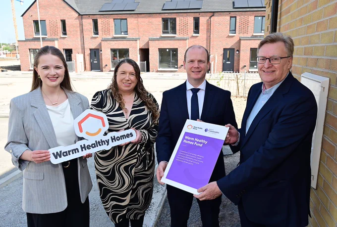 Communities Minister Gordon Lyons today launched the Warm Healthy Homes Fund public consultation alongside, from left: Shannon Barber (National Energy Action, Policy and Campaigns Officer NI), Nuala Toman (Head of Accessibility at Disability Action), and Nigel Brady (Director of Bryson Energy).