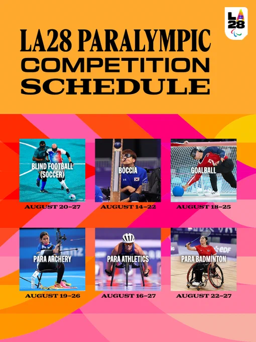 A graphic showing the LA28 Paralympic Competition Schedule. It features images and dates for Blind Football (August 20-27), Boccia (August 14-22), Goalball (August 18-25), Para Archery (August 19-26), Para Athletics (August 16-27), and Para Badminton (August 22-27).