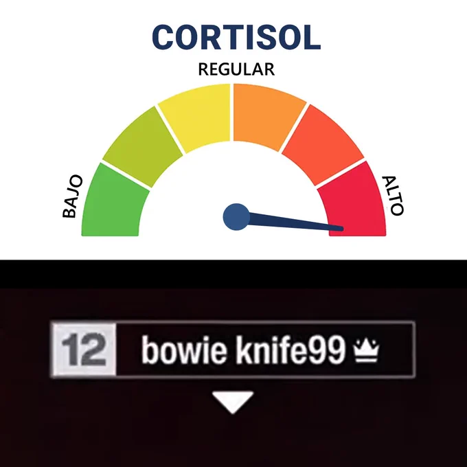Imagen dividida en dos partes. En la parte superior, un medidor semicircular de cortisol con colores de verde a rojo; las etiquetas indican “BAJO”, “REGULAR” y “ALTO”, y la aguja apunta al nivel alto. En la parte inferior, aparece una etiqueta de usuario con fondo oscuro que muestra “bowie knife99” acompañado de un ícono de corona y el número 12 a la izquierda.