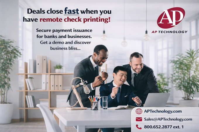 Banks! #RemoteOfficialCheckPrinting for your business customers- faster deal closes, fewer trips to the bank. Advanced workflow. Payee Deposit Choice and #Secure32 replacement, too! Embracing AI to grow with you from checks to digital. That's #APTechnology https://www.aptechnology.com