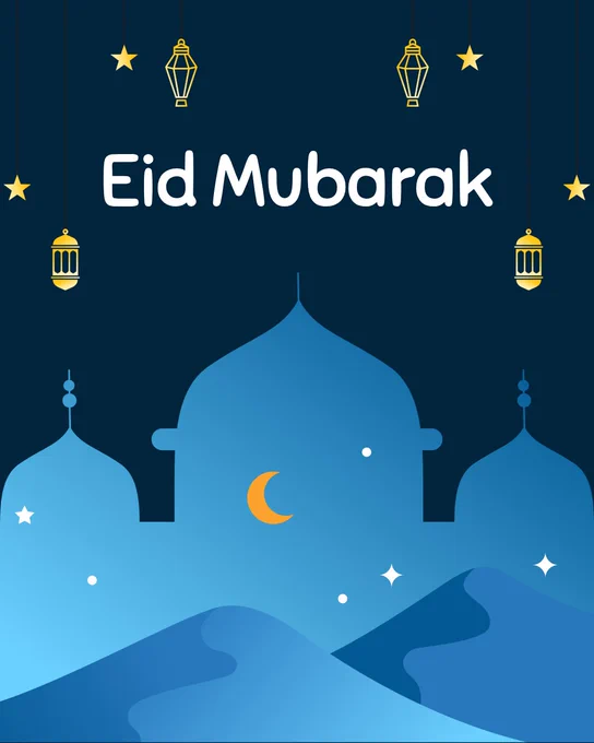 A stylised Eid Mubarak greeting graphic with a dark blue background. The words “Eid Mubarak” appear prominently at the top, surrounded by hanging lanterns and star decorations. Below, a large silhouette of a mosque with domes is set against a night sky with a crescent moon and stars, with rolling hills in the foreground.