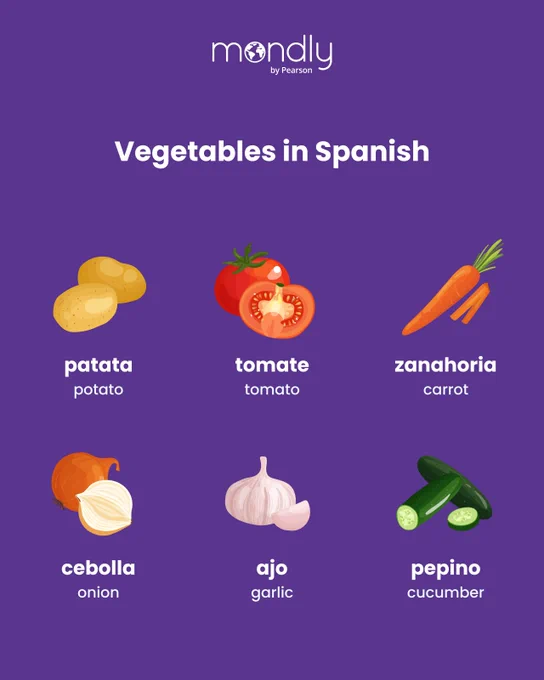 Spanish-English vegetable labels: patata/potato, tomate/tomato, zanahoria/carrot, cebolla/onion, ajo/garlic, pepino/cucumber