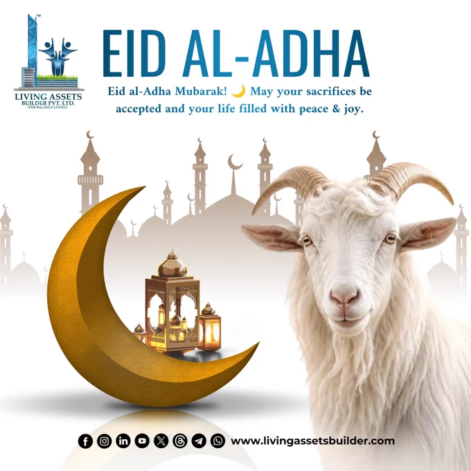 Graphic featuring a golden crescent moon and Eid greetings from Living Assets Builder.