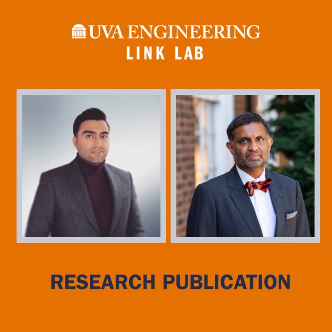Graphic with an orange UVA Engineering Link Lab background featuring two side-by-side headshots: graduate student Mohammad Saeedi on the left in a dark blazer and maroon turtleneck, and faculty advisor Venkataraman Lakshmi on the right in a suit with a bow tie standing outdoors near a brick building. Text reads “UVA Engineering Link Lab” at the top and “Research Publication” at the bottom.