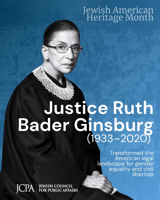 Jewish American Heritage Month graphic honoring Justice Ruth Bader Ginsburg (1933–2020). The design features a black-and-white portrait of Justice Ginsburg in her judicial robe against a blue-toned background with a faint civil rights march image. Large white text reads: “Justice Ruth Bader Ginsburg (1933–2020).” Additional text describes her as someone who “Transformed the American legal landscape for gender equality and civil liberties.” JCPA branding appears at the bottom.