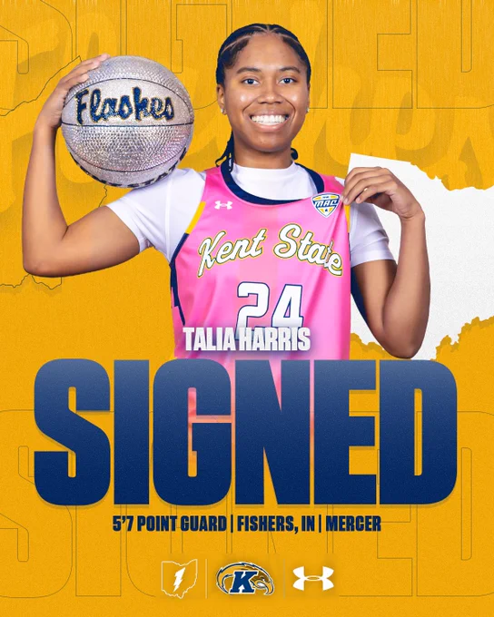 A person holding a basketball wearing a pink and white Kent State jersey with the number 24 and the name Talia Harris. The word "SIGNED" is prominently displayed at the bottom. The background features a map outline and the Kent State logo. Text at the bottom reads "5'7 Point Guard | Fishers, IN | Mercer.