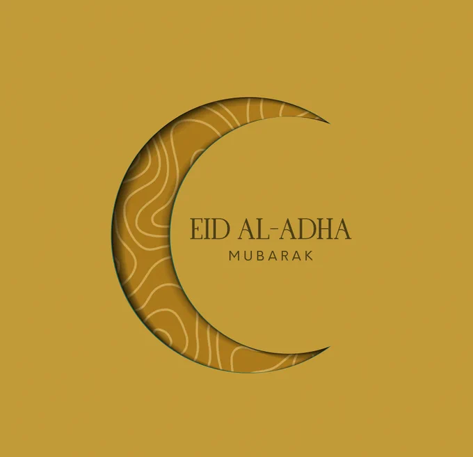 A graphic of a moon saying 'Eid Al Adha Mubrarak'