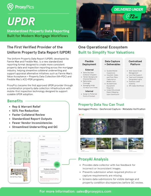 ProxyPics UPDR product sheet showcasing standardized property data reporting workflows for the mortgage industry, including nationwide property data collection deployment, guided mobile inspections, AI-assisted validation, geotagged property verification, floor plans captured on mobile devices, and centralized valuation operations supporting Fannie Mae and Freddie Mac modernization initiatives.
