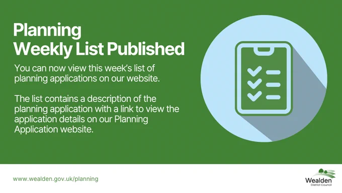 Green background, blue coloured circle with a clipboard with checkmarks.  Text reads: Planning Weekly List Published  You can now view this week's list of planning applications on our website.  The list contains a description of the planning application with a link to view the application details on our Planning Application website.