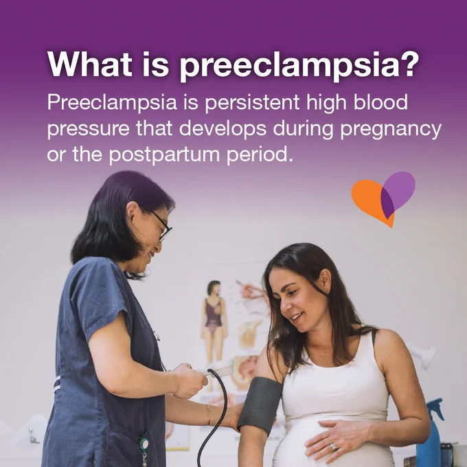 A health care professional takes the blood pressure of a seated pregnant individual. The text at the top asks, "What is preeclampsia?" followed by an explanation: "Preeclampsia is persistent high blood pressure that develops during pregnancy or the postpartum period."