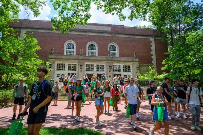 Bobcat Student Orientation attendees gather outside Templeton-Blackburn Memorial Auditorium on a sunny day