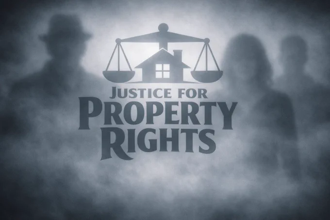 Justice for Property Rights graphic with scales and a house encased in hazy fog with shadowy human figures lurking suspiciously out of range
