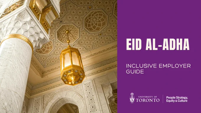 Banner text says: Inclusive Employer Guide - Eid Al-Adha over a golden lamp hung from an ornate ceiling typical of Islamic architecture.