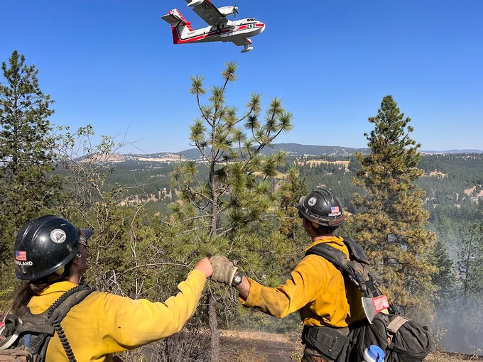 Two firefighters in yellow gear fist bump in a forest clearing as a firefighting plane flies overhead against a clear blue sky.