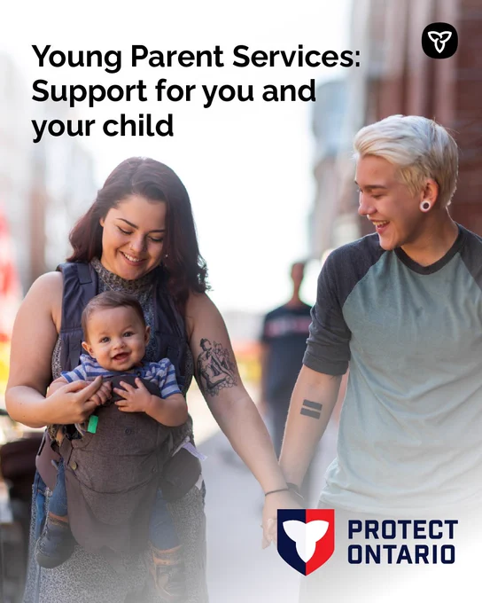 A smiling young couple walks with a baby in a carrier. Text reads: "Young Parent Services: Support for you and your child".