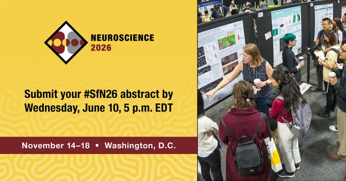 Promotional image for the Neuroscience 2026 conference in Washington, D.C. showcasing a group discussing research posters.