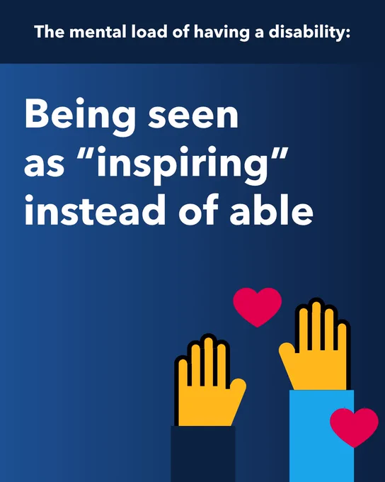 Hands raised with hearts. Text: The mental load of having a disability: Being seen as “inspiring” instead of able.