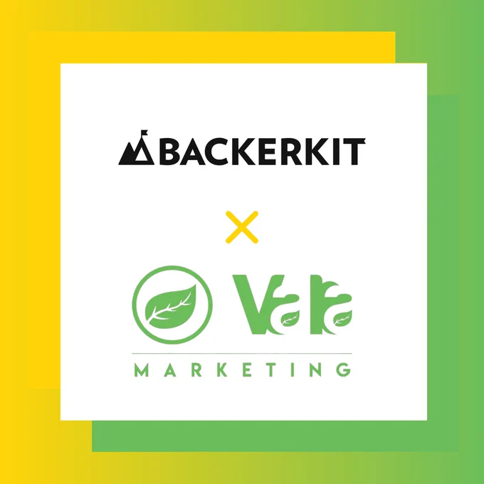 BackerKit x Vala Marketing partnership announcement graphic. The BackerKit logo appears at the top in black, with a yellow X in the center, and the Vala Marketing logo in green below. Background features a yellow-to-green gradient.