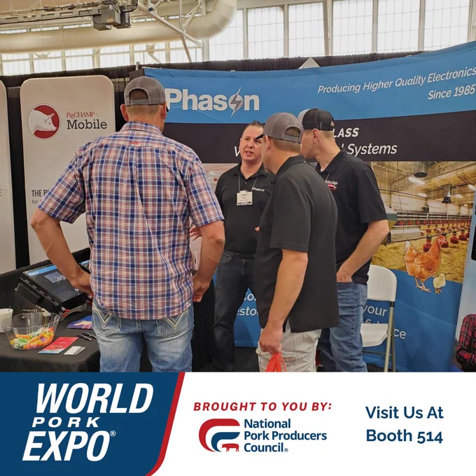 Visitors speak with the Phason Controls team at a trade show booth promoting AutoFlex Connect controls with World Pork Expo branding and Booth V514 details.