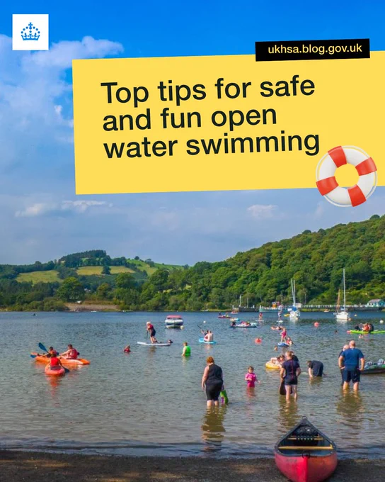 People enjoying open water swimming and paddling in a lake with hills in the background; overlaid text reads “Top tips for safe and fun open water swimming” with a UKHSA blog URL and a lifebuoy graphic.