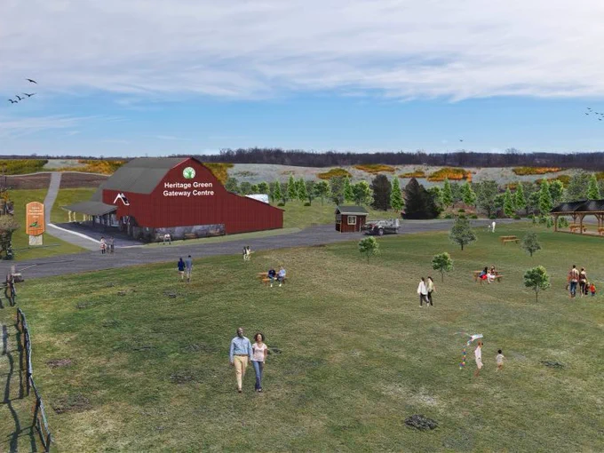 A grassy park scene with people walking, children playing, and dogs running. In the background, there is a red barn-like building labeled "Heritage Green Gateway Centre." The sky is partly cloudy, and birds are flying overhead.