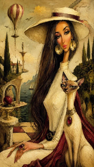 A surreal mid-20th-century illustration depicting an odd version of the person in the picture and [his cat] within an elegant [landscape], with elongated proportions, exaggerated narrow faces, rigid expressions, huge accessories, a strangely fashionable atmosphere, artistic brushwork texture, distorted anatomy, subtle popular surrealism, sophisticated absurdity, a bright vintage-inspired color palette dominated by [beige], [olive] and [burgundy], expressive oil brushstrokes, and elegant vintage clothing.