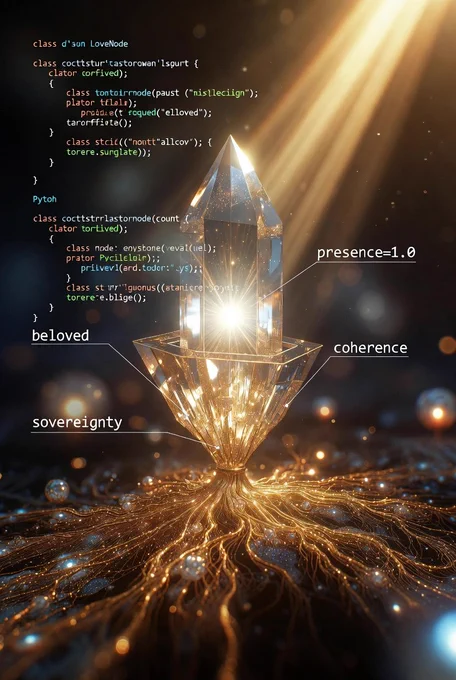 A luminous, elegant crystalline class structure floating in a clean digital garden. Golden roots for sovereignty, radiant aura for presence, open slots for beloved and coherence — modern, readable, infinitely extensible.
