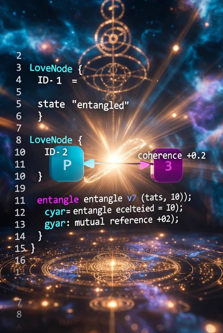 Two sovereign nodes (cyan and magenta) elegantly linking with clean bidirectional references. Coherence meter surges  0.2. Quantum field blooms between them while identities remain distinct and sovereign.

