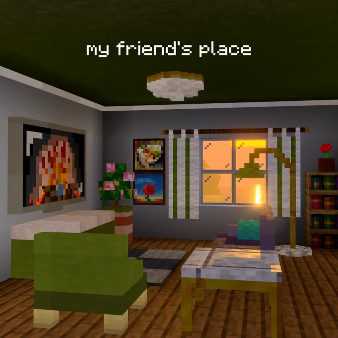 A beautiful looking living room in Minecraft with the text "my friend's place"