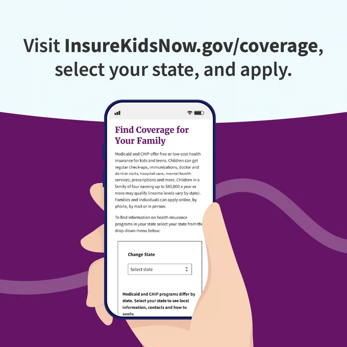 A hand holding a smartphone displaying the InsureKidsNow.gov website. The screen shows options to select a state for coverage information. The background features a wave pattern in shades of purple.