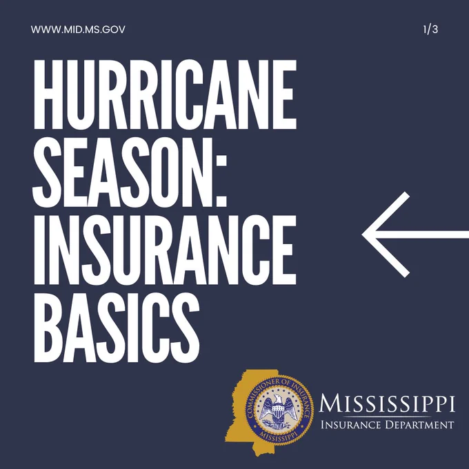 Informational graphic titled 'Hurricane Season: Insurance Basics' from the Mississippi Insurance Department with a left-pointing arrow.